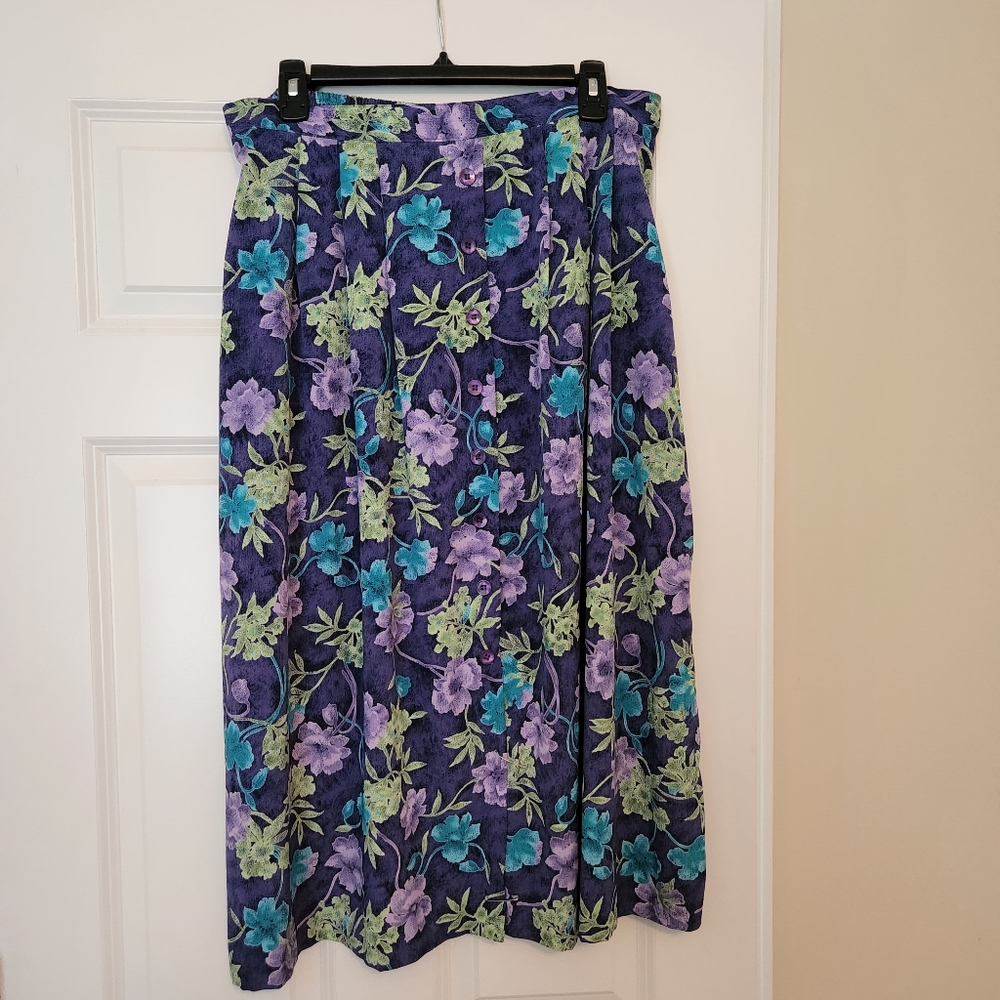 Purple, blue, and green floral midi skirt